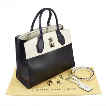 Louis Vuitton City Steamer MM Leder Handtasche Schwarz Weiß Second Hand 1