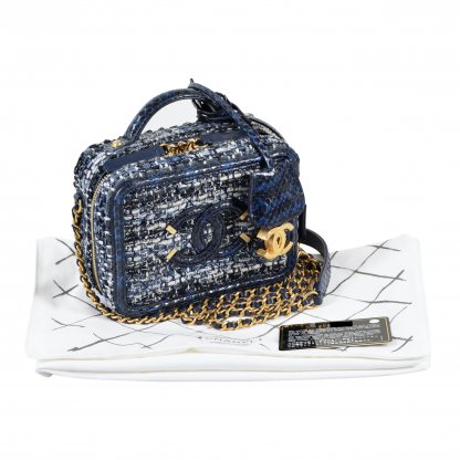 CHANEL Small Filigree Vanity Bag Tweed Python Handtasche Blau Marine Second Hand 1