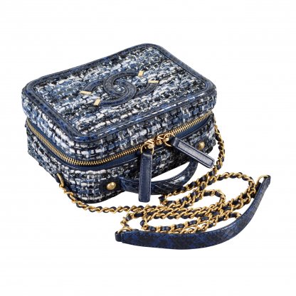 CHANEL Small Filigree Vanity Bag Tweed Python Handtasche Blau Marine Second Hand 6