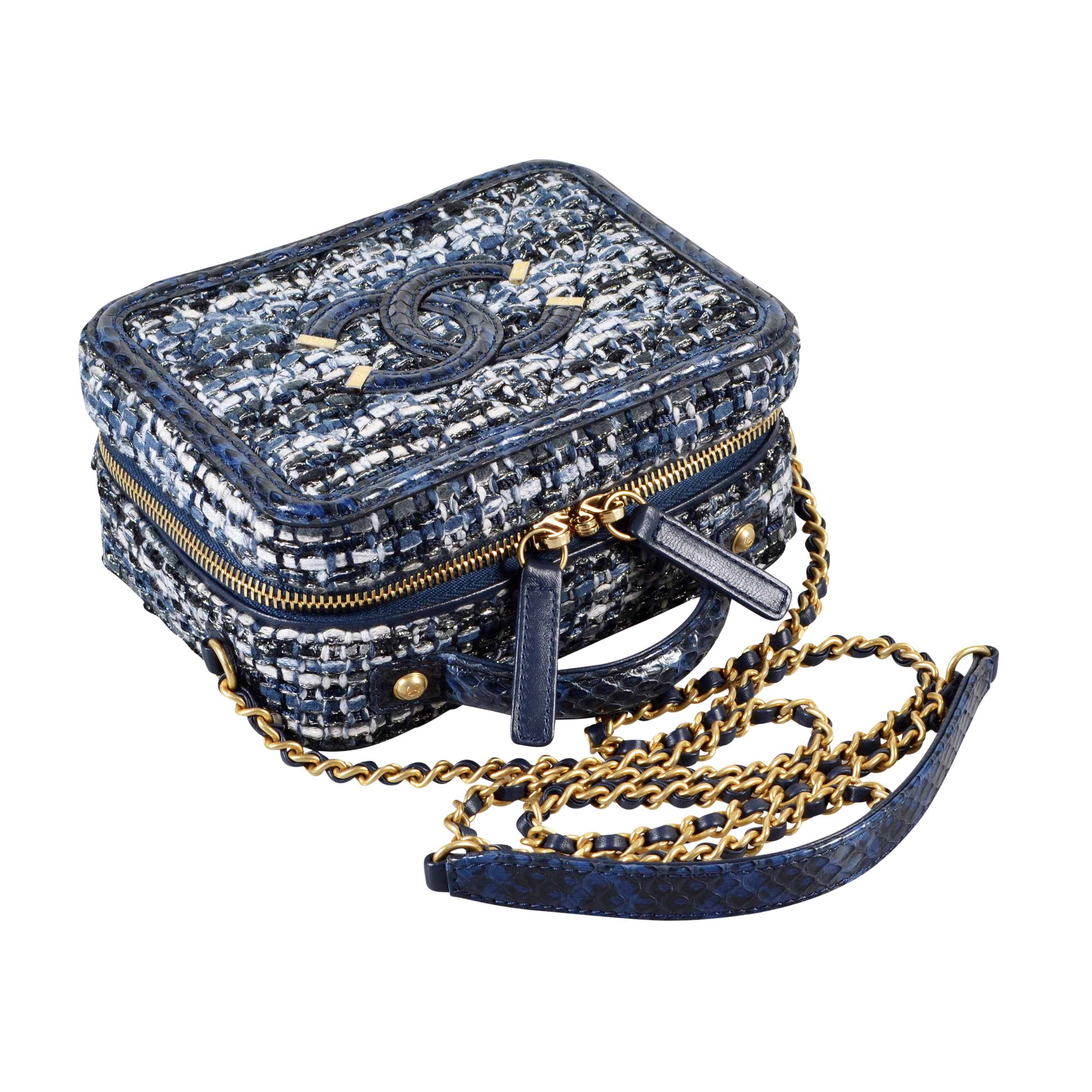 CHANEL Tweed Snakeskin Quilted Small CC Filigree Vanity Case Navy  Multicolor | FASHIONPHILE