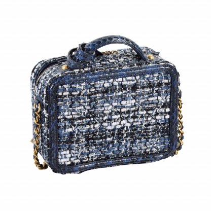 CHANEL Small Filigree Vanity Bag Tweed Python Handtasche Blau Marine Second Hand 3