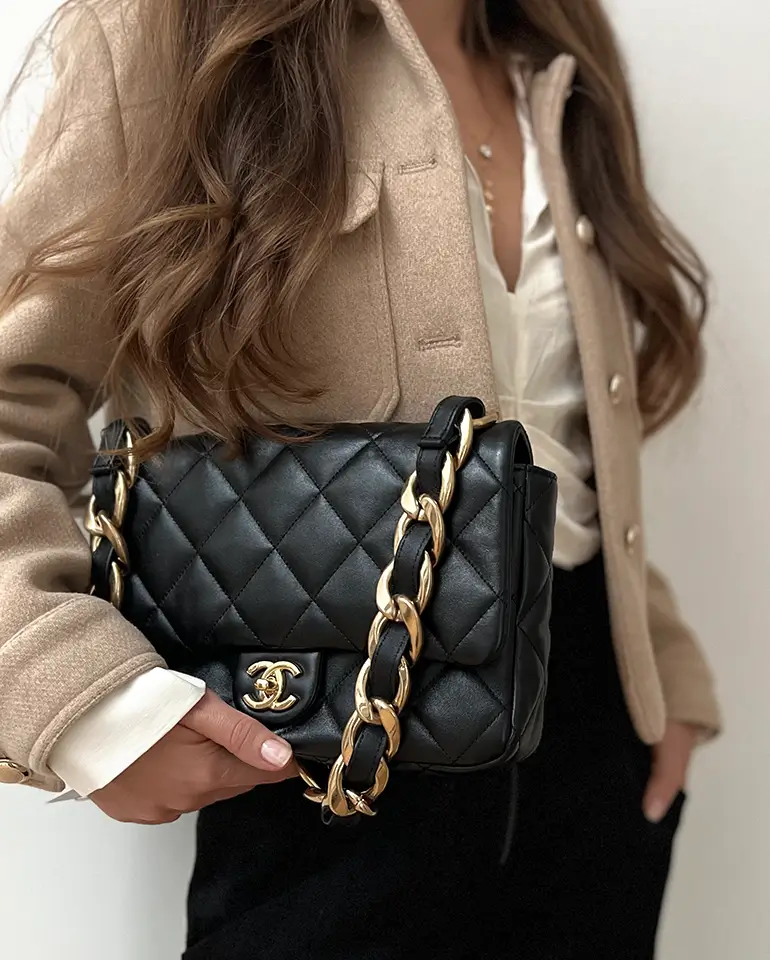 Modshot wearing CHANEL Funky Town Flap Bag with Chunky Chain Black Lambskin Leather