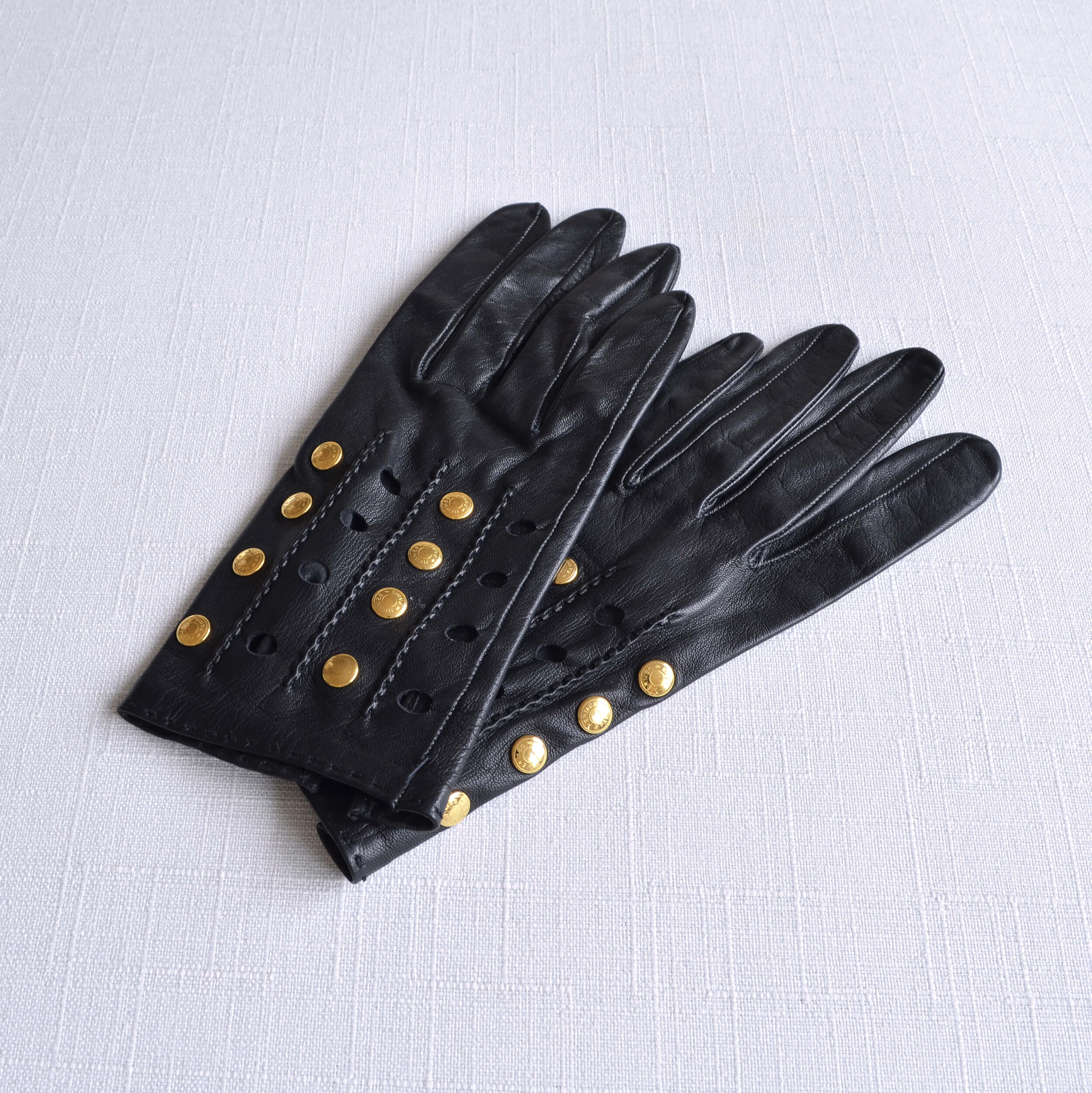 Hermès Clou de Selle Leder Handschuhe Gloves Lambskin Schwarz Vintage Second Hand 22384 1