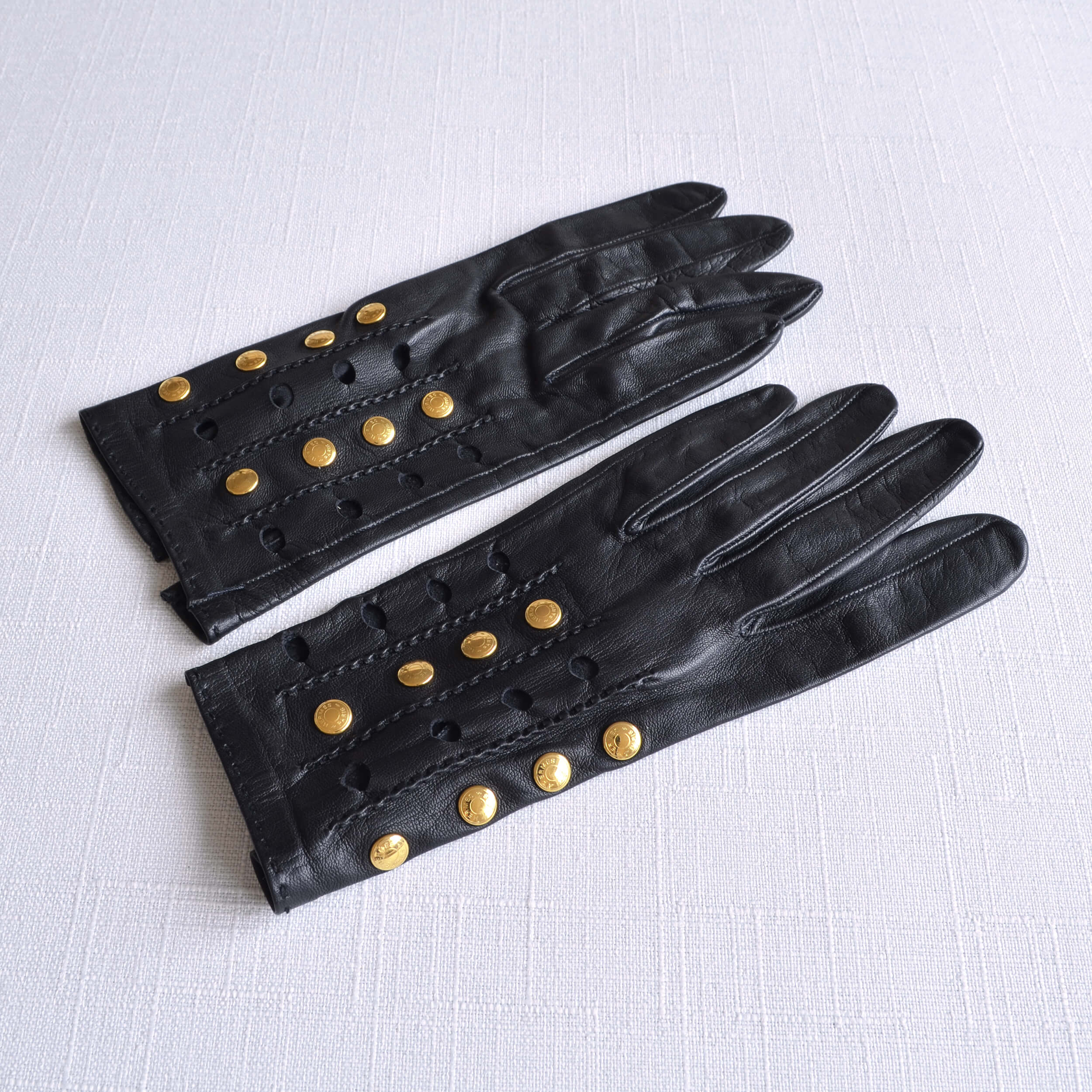 Hermès Clou de Selle Leder Handschuhe Gloves Lambskin Schwarz Vintage Second Hand 22384 3