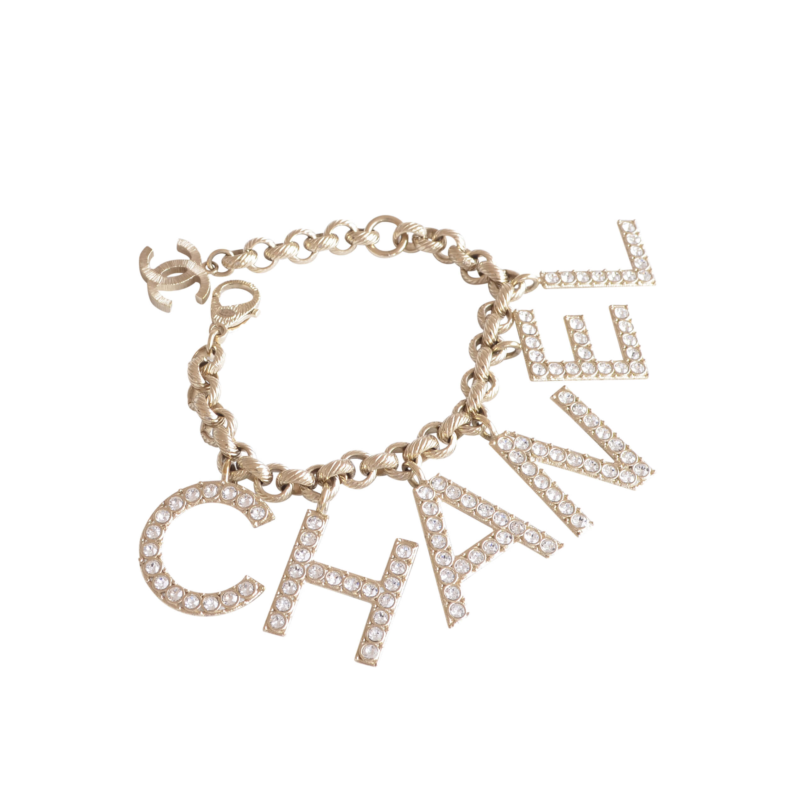 CHANEL 19S Letter Bracelet Logo Armband Strass Hellgold Pre-Loved 225112 0