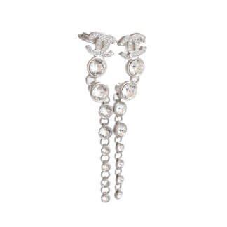 CHANEL 23S CC Crystal Long Drop Cuff Earrings Ohrringe Silber Pre-Loved 825135 00