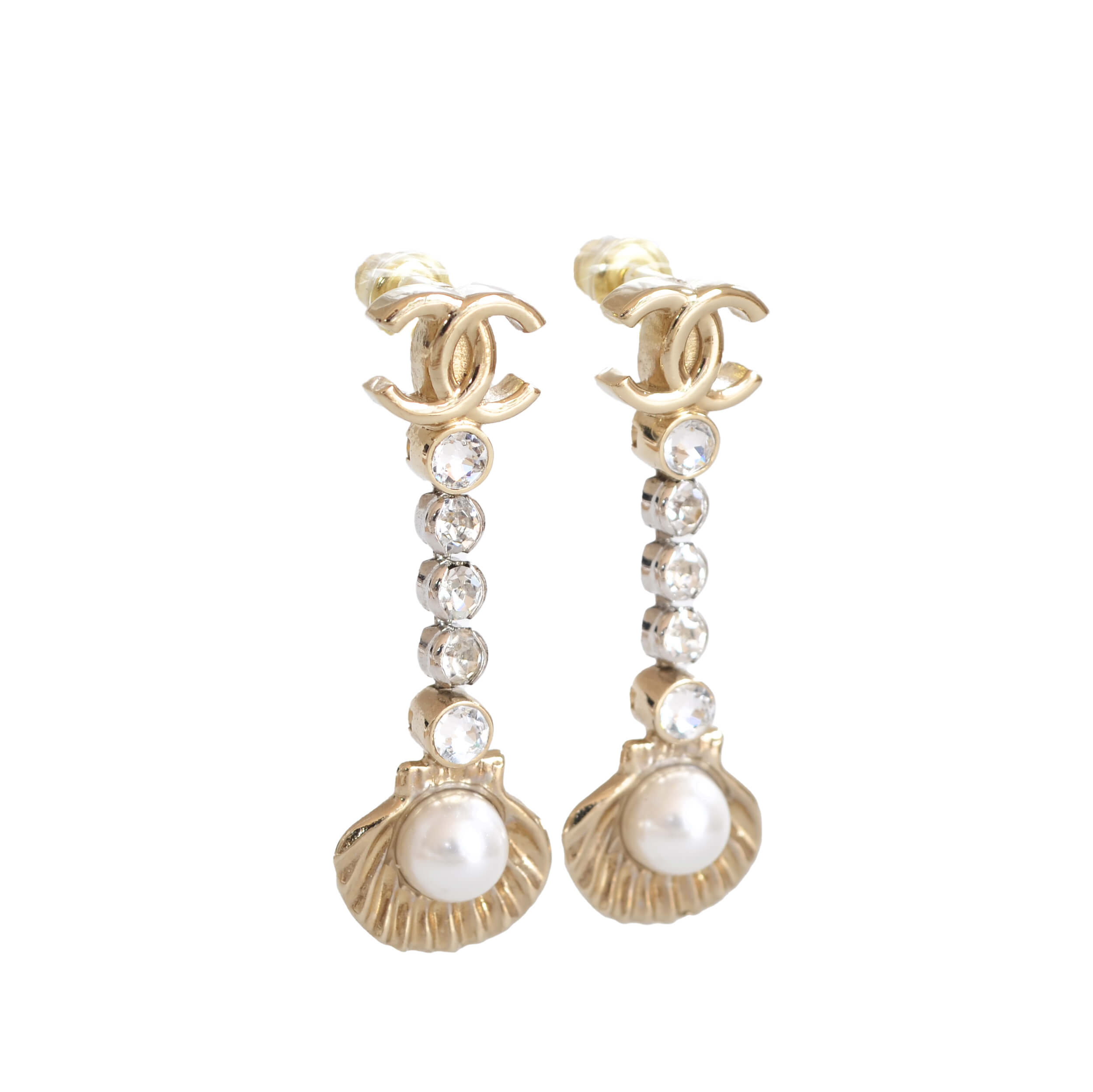 CHANEL 25C CC Shell Crystal Drop Earrings Pre-Loved 825134 0