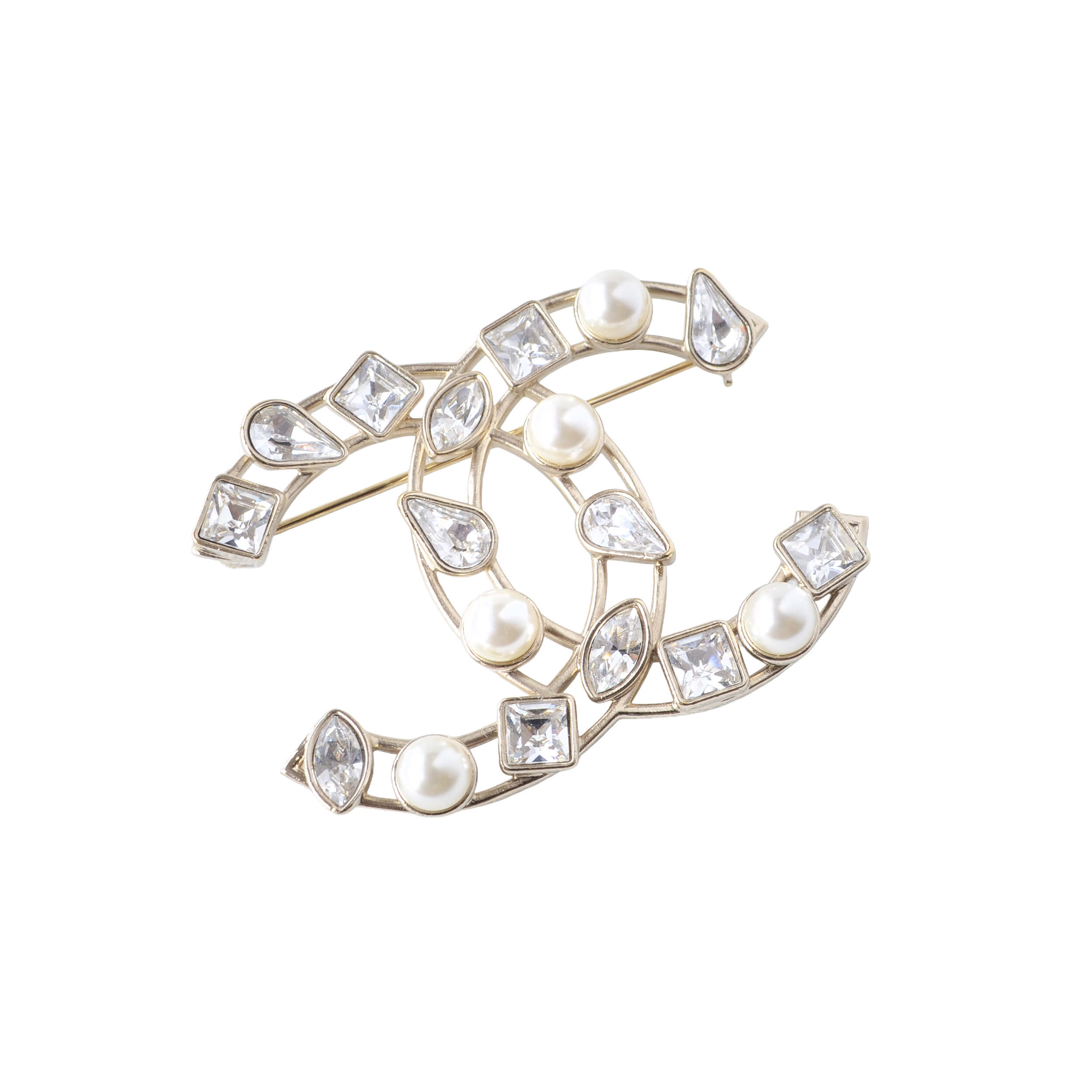 CHANEL 19K CC Crystal Pearl Brooch Brosche Hellgold Perlen Pre-Loved 1125147 0