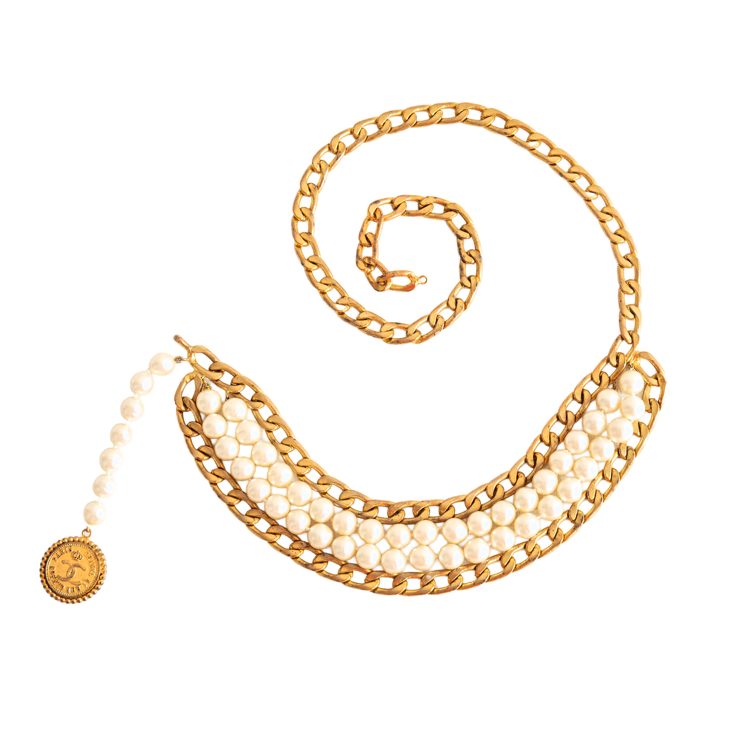 CHANEL Vintage Pearl Chain Belt Gürtelkette Gold Weiß Pre-Loved 12614 0